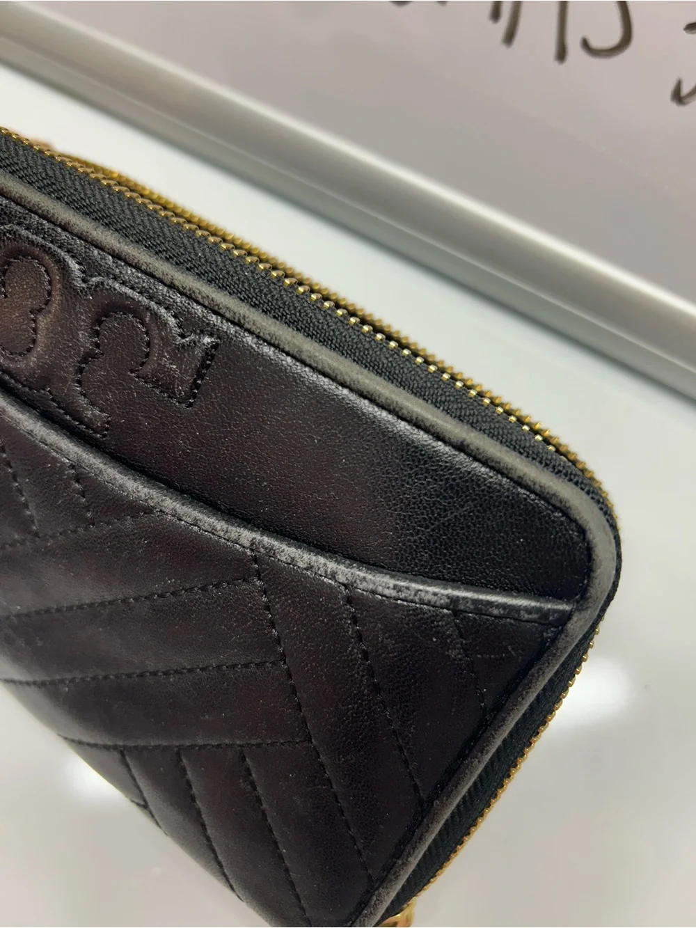Tory Burch Black Quilted Leather Zip Wallet with Logo